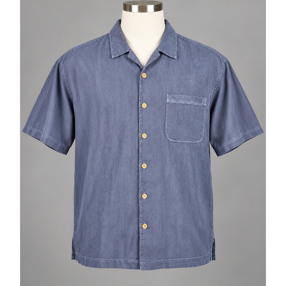 Tommy Bahama Shirt Mens L Blue Good Silk Herringbone Camp Button Up Short Slv
